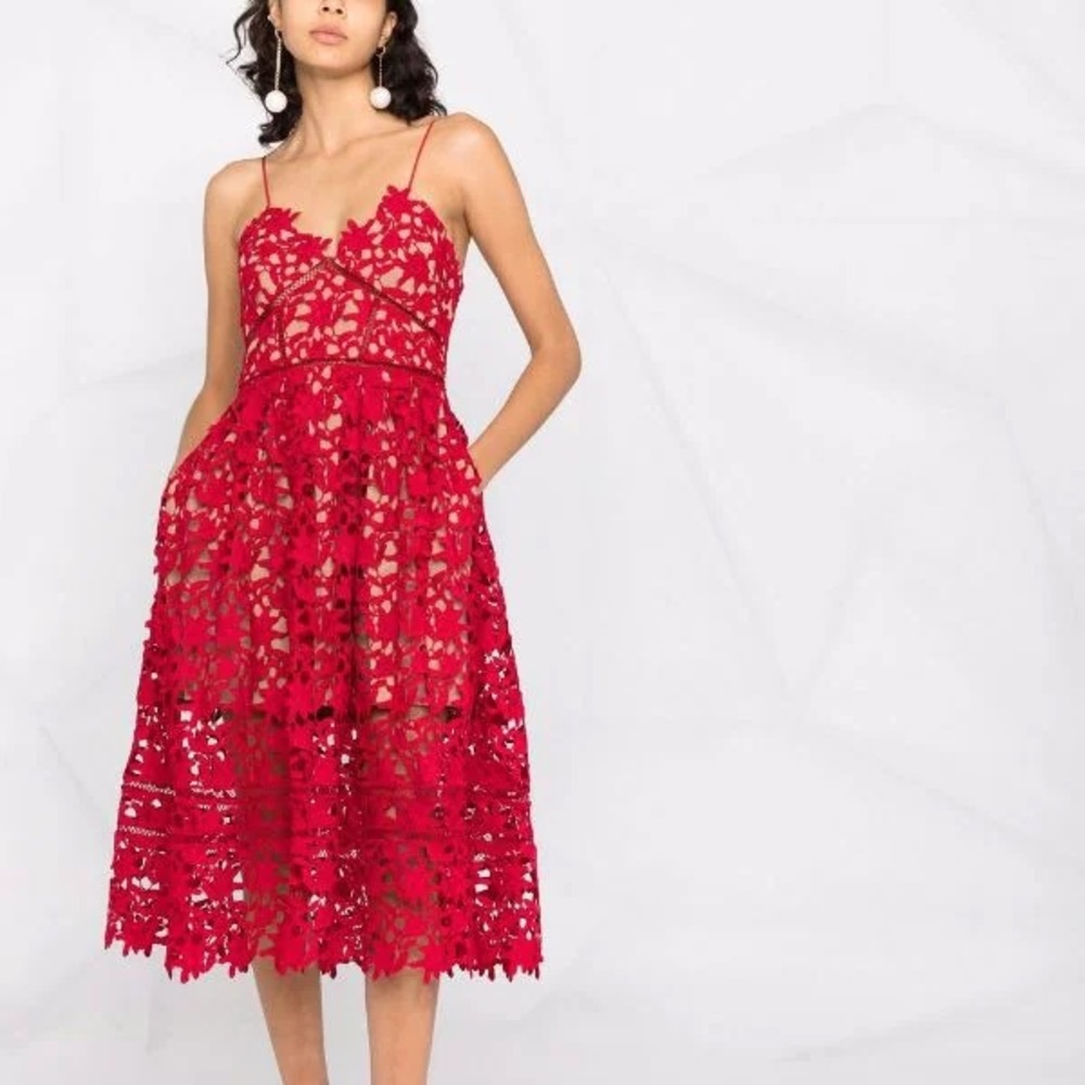 Self-Portrait Red Lace Midi Dress - Picture 4 of 12